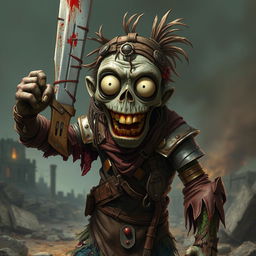 A detailed and accurate portrayal of a dumb cannibalistic anime zombie wielding a sword in hand and dressed in makeshift armor