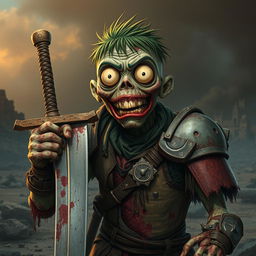 A detailed and accurate portrayal of a dumb cannibalistic anime zombie wielding a sword in hand and dressed in makeshift armor