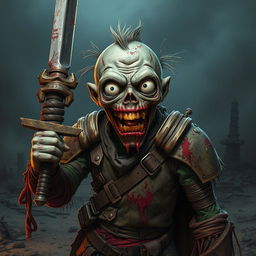 A detailed and accurate portrayal of a dumb cannibalistic anime zombie wielding a sword in hand and dressed in makeshift armor