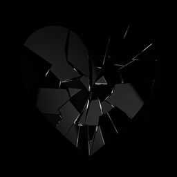 A broken mirror shaped like a heart, with sharp, jagged edges creating a dramatic effect