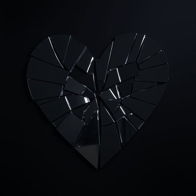 A broken mirror shaped like a heart, with sharp, jagged edges creating a dramatic effect