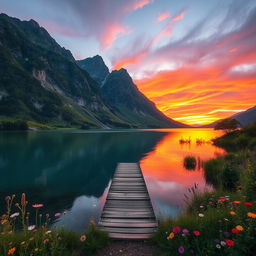 A serene landscape featuring a tranquil lake surrounded by majestic mountains