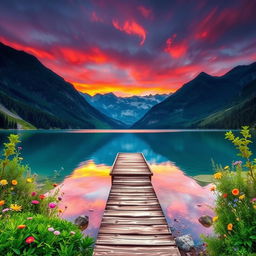 A serene landscape featuring a tranquil lake surrounded by majestic mountains