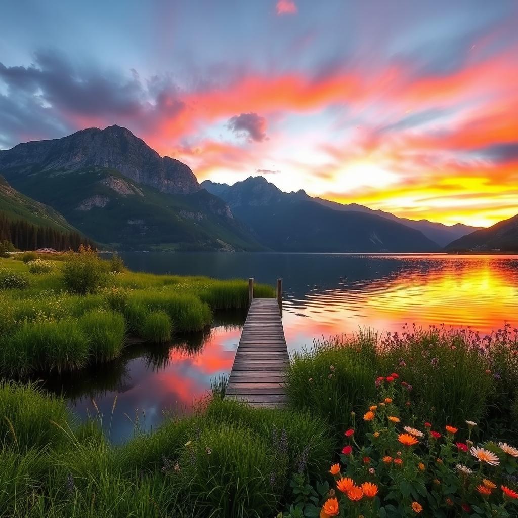 A serene landscape featuring a tranquil lake surrounded by majestic mountains