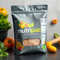 A sleek and modern food packaging design featuring the 'Nutripack' logo