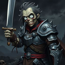 A detailed and accurate depiction of a dumb cannibalistic anime zombie character, wielding a sword in one hand