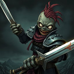 A detailed and accurate depiction of a dumb cannibalistic anime zombie character, wielding a sword in one hand