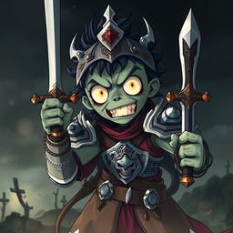 A detailed and accurate portrayal of a dumb cannibalistic anime zombie, holding a sword in one hand