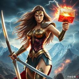 An epic portrayal of Thor reimagined as a god-like Wonder Woman, showcasing a powerful female figure with long flowing hair, adorned in divine armor inspired by both Norse mythology and Wonder Woman's iconic look