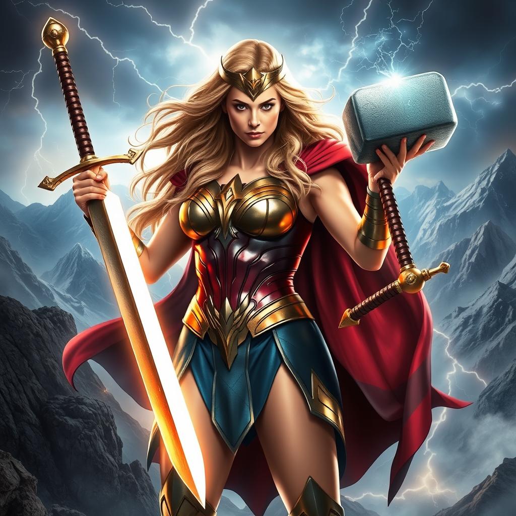 An epic portrayal of Thor reimagined as a god-like Wonder Woman, showcasing a powerful female figure with long flowing hair, adorned in divine armor inspired by both Norse mythology and Wonder Woman's iconic look