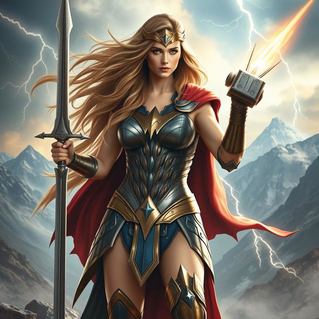 An epic portrayal of Thor reimagined as a god-like Wonder Woman, showcasing a powerful female figure with long flowing hair, adorned in divine armor inspired by both Norse mythology and Wonder Woman's iconic look