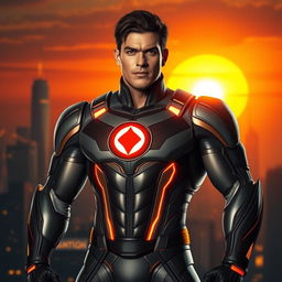 A powerful and confident hero standing tall in a dynamic pose, adorned in a sleek, futuristic suit with a glowing emblem on the chest