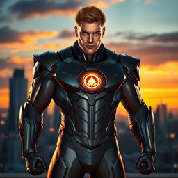 A powerful and confident hero standing tall in a dynamic pose, adorned in a sleek, futuristic suit with a glowing emblem on the chest
