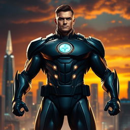 A powerful and confident hero standing tall in a dynamic pose, adorned in a sleek, futuristic suit with a glowing emblem on the chest