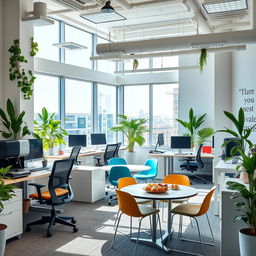 A bright, modern office space filled with contemporary furniture, large windows allowing natural light to flood the room, and vibrant plants adorning the corners
