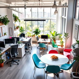 A bright, modern office space filled with contemporary furniture, large windows allowing natural light to flood the room, and vibrant plants adorning the corners
