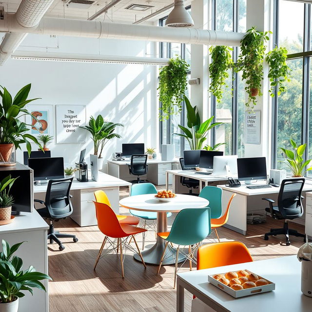 A bright, modern office space filled with contemporary furniture, large windows allowing natural light to flood the room, and vibrant plants adorning the corners