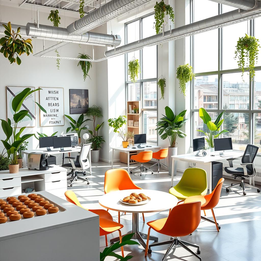 A bright, modern office space filled with contemporary furniture, large windows allowing natural light to flood the room, and vibrant plants adorning the corners