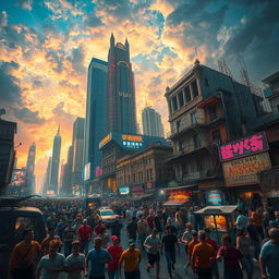 A chaotic urban landscape bursting with energy, featuring towering, futuristic skyscrapers clashing with crumbling historical buildings, neon lights flickering erratically, and crowds of diverse people in vibrant clothing rushing through the streets