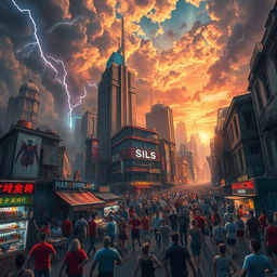 A chaotic urban landscape bursting with energy, featuring towering, futuristic skyscrapers clashing with crumbling historical buildings, neon lights flickering erratically, and crowds of diverse people in vibrant clothing rushing through the streets