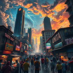 A chaotic urban landscape bursting with energy, featuring towering, futuristic skyscrapers clashing with crumbling historical buildings, neon lights flickering erratically, and crowds of diverse people in vibrant clothing rushing through the streets