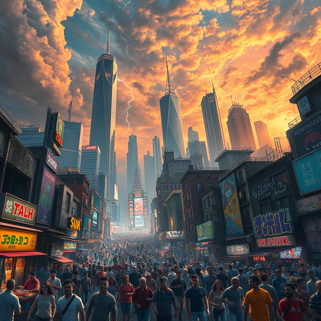 A chaotic urban landscape bursting with energy, featuring towering, futuristic skyscrapers clashing with crumbling historical buildings, neon lights flickering erratically, and crowds of diverse people in vibrant clothing rushing through the streets