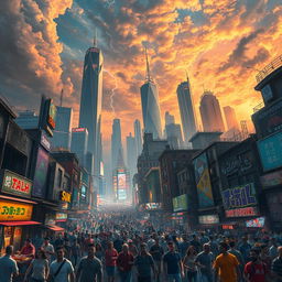 A chaotic urban landscape bursting with energy, featuring towering, futuristic skyscrapers clashing with crumbling historical buildings, neon lights flickering erratically, and crowds of diverse people in vibrant clothing rushing through the streets