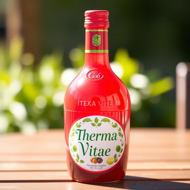 A round, bright red bottle of drink labeled 'Therma Vitae', featuring a glossy finish and an elegant design