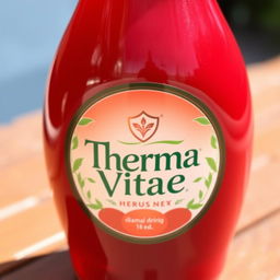 A round, bright red bottle of drink labeled 'Therma Vitae', featuring a glossy finish and an elegant design