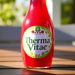A round, bright red bottle of drink labeled 'Therma Vitae', featuring a glossy finish and an elegant design