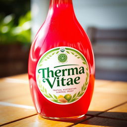 A round, bright red bottle of drink labeled 'Therma Vitae', featuring a glossy finish and an elegant design