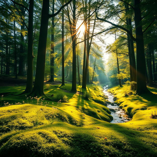 A sunlit forest scene with tall, majestic trees casting dappled sunlight on a vibrant green forest floor