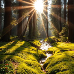 A sunlit forest scene with tall, majestic trees casting dappled sunlight on a vibrant green forest floor