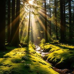 A sunlit forest scene with tall, majestic trees casting dappled sunlight on a vibrant green forest floor