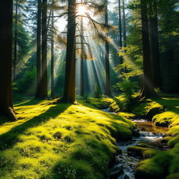 A sunlit forest scene with tall, majestic trees casting dappled sunlight on a vibrant green forest floor