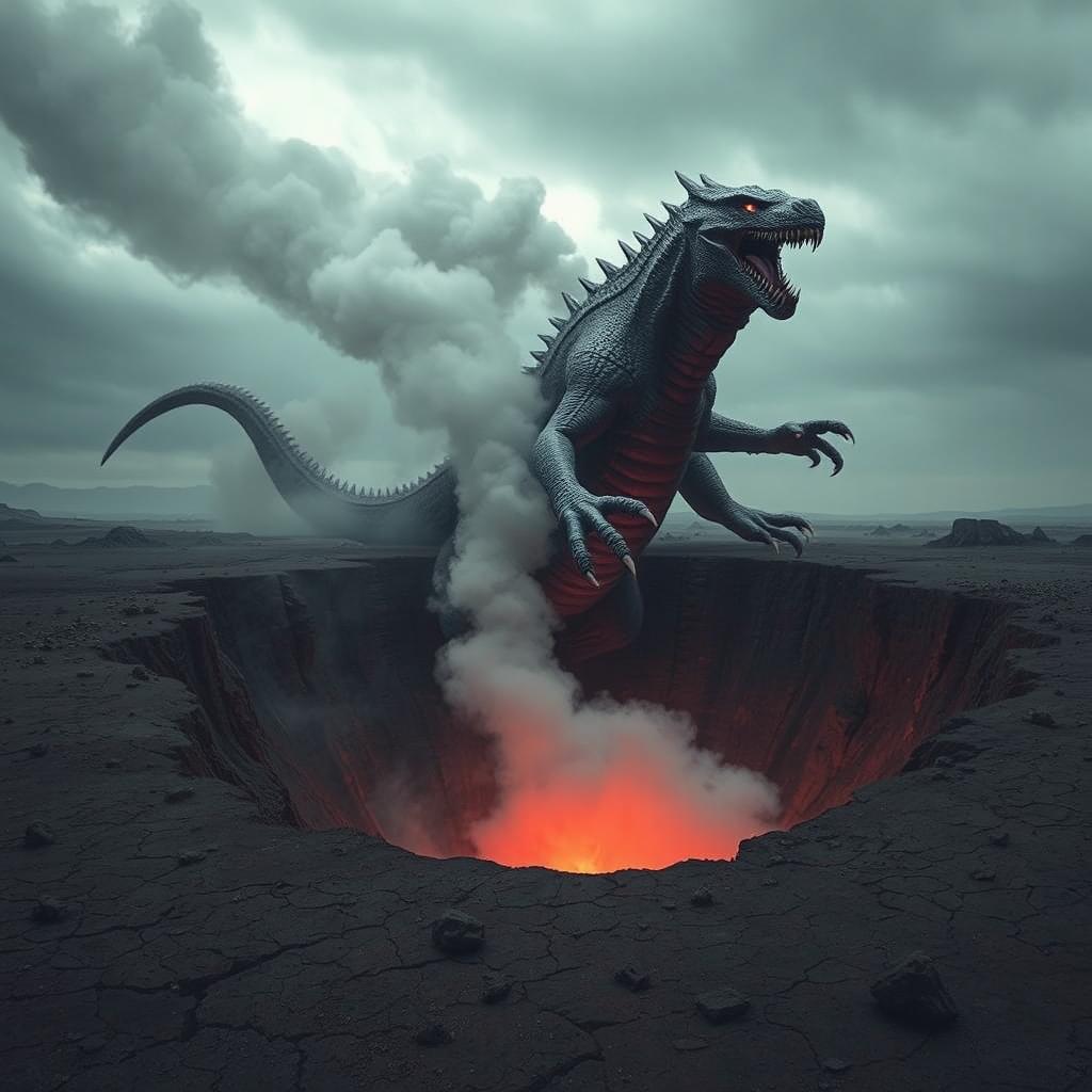 A colossal monster with glowing red eyes, sharp claws, and a reptilian body, rising dramatically from a deep volcanic crater in a desolate wasteland