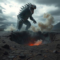 A colossal monster with glowing red eyes, sharp claws, and a reptilian body, rising dramatically from a deep volcanic crater in a desolate wasteland