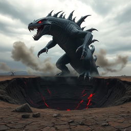 A colossal monster with glowing red eyes, sharp claws, and a reptilian body, rising dramatically from a deep volcanic crater in a desolate wasteland