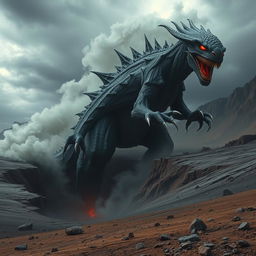 A colossal monster with glowing red eyes, sharp claws, and a reptilian body, rising dramatically from a deep volcanic crater in a desolate wasteland