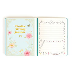 A beautifully designed A5 size creative writing book, featuring an elegant cover with intricate floral patterns and whimsical illustrations