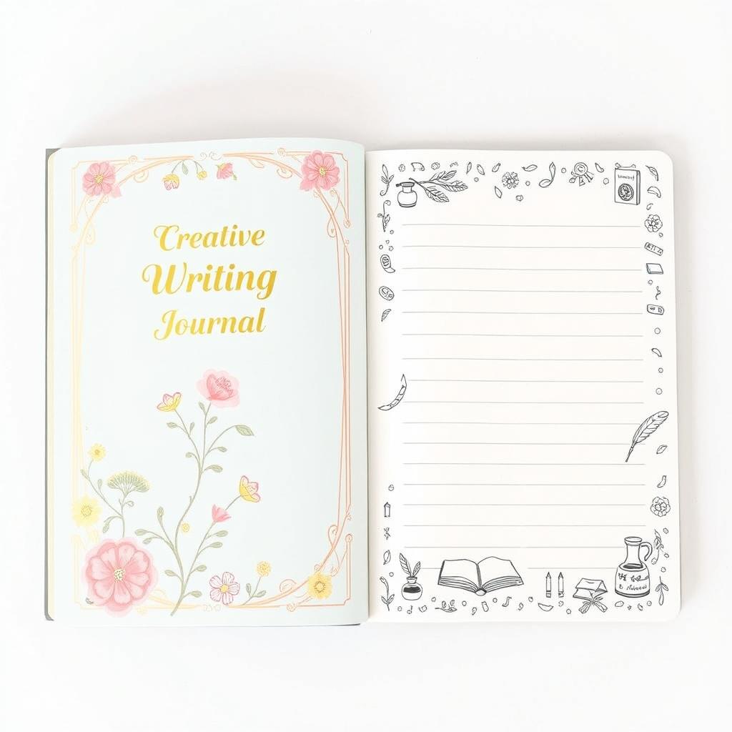 A beautifully designed A5 size creative writing book, featuring an elegant cover with intricate floral patterns and whimsical illustrations