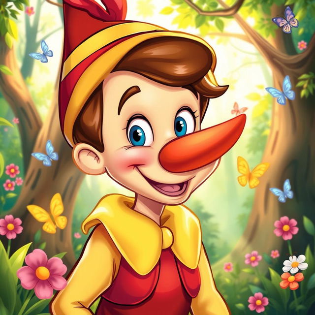 A whimsical, colorful illustration of Pinocchio, the wooden puppet, with a beautifully long and crooked nose