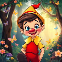 A whimsical, colorful illustration of Pinocchio, the wooden puppet, with a beautifully long and crooked nose