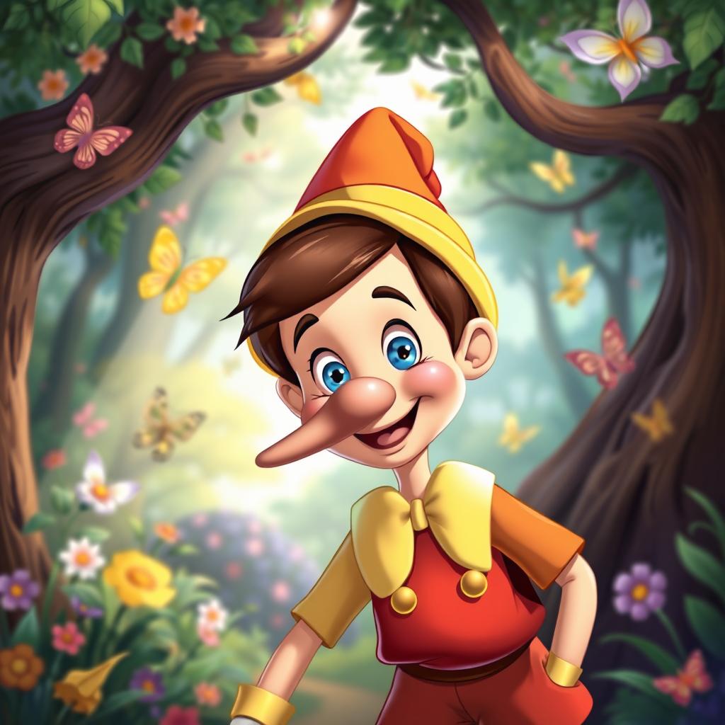 A whimsical, colorful illustration of Pinocchio, the wooden puppet, with a beautifully long and crooked nose