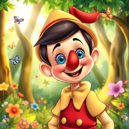 A whimsical, colorful illustration of Pinocchio, the wooden puppet, with a beautifully long and crooked nose