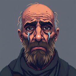 A pixel art portrait of a crying homeless man, showcasing a realistic expression of sorrow