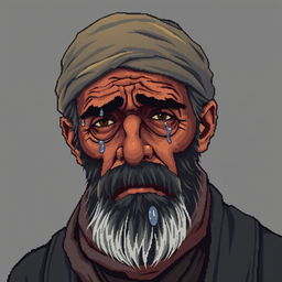 A pixel art portrait of a crying homeless man, showcasing a realistic expression of sorrow