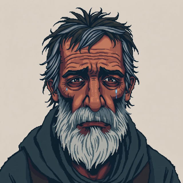 A pixel art portrait of a crying homeless man, showcasing a realistic expression of sorrow