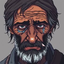 A pixel art portrait of a crying homeless man, showcasing a realistic expression of sorrow