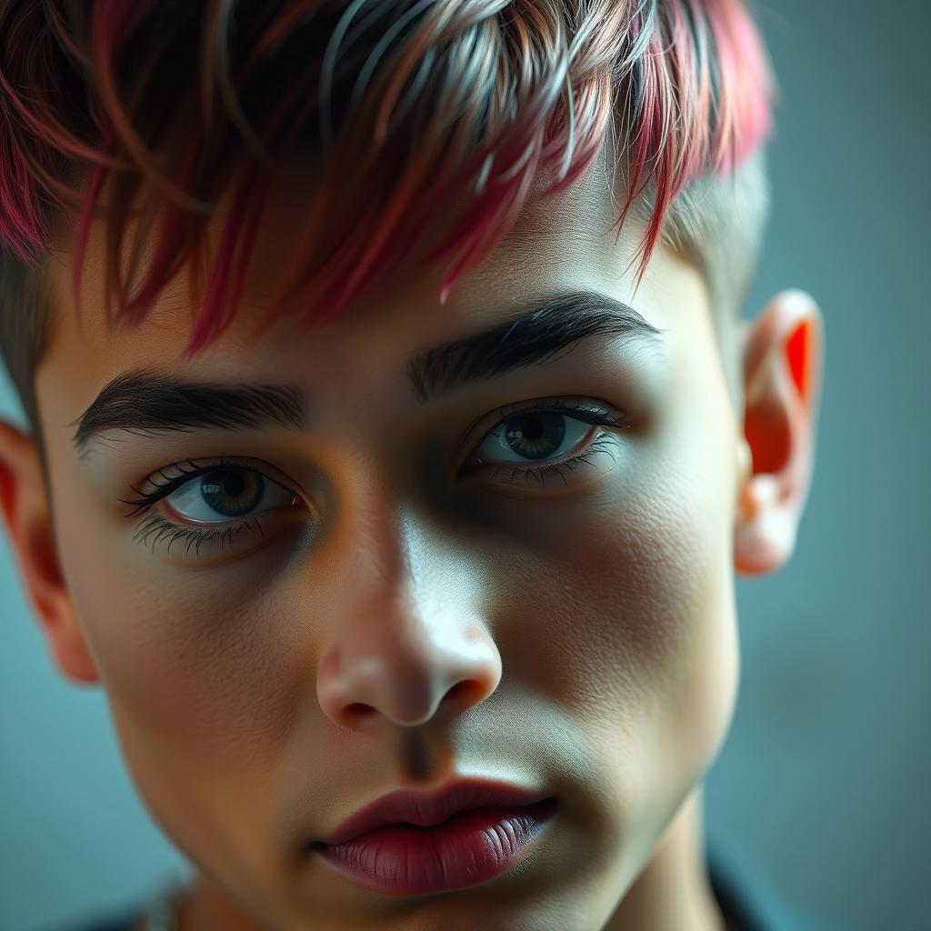 A close-up portrait of an individual with a stylish eyebrow slit, showcasing their unique facial features